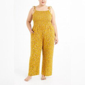 Pact Organic Cotton Yellow Floral Wide Leg Jumpsuit Sz XXL Stretch Smocked Boho